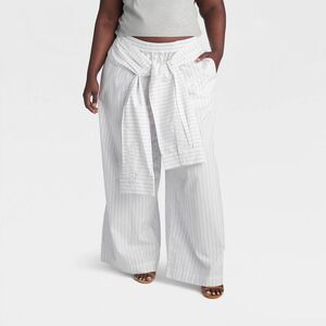KBB by KAHLANA Women's 'The Tie Waist Trousers' - White/Blue Striped XXL